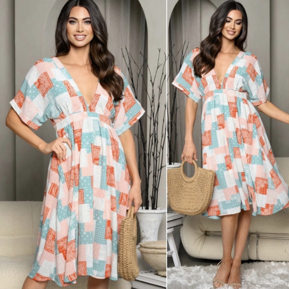 Gorgeous Patchwork Mid-length Jade and Tomato Spring and Summer Dress w/Pockets